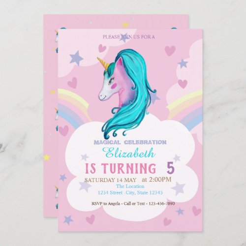 Watercolor  Unicorn Rainbow Stars Hearts Birthday Invitation