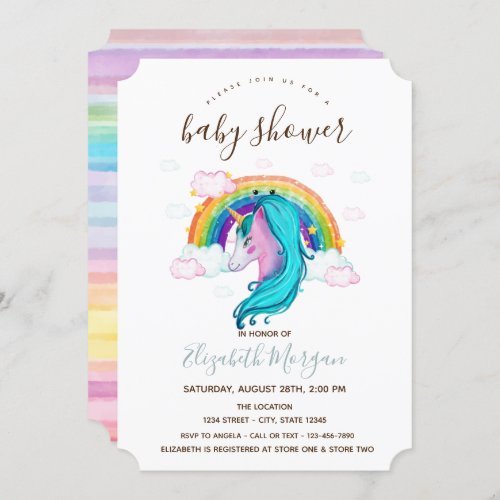 Watercolor Unicorn Rainbow Stripes Baby Shower Invitation