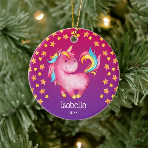 Watercolor Unicorn Stars Personalized Girl Ceramic Ornament