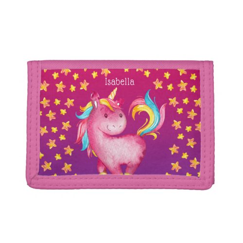 Watercolor Unicorn Stars Personalized Name Girls Trifold Wallet