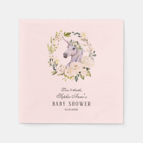 Watercolor Unicorn White Floral Boy Baby Shower Napkins
