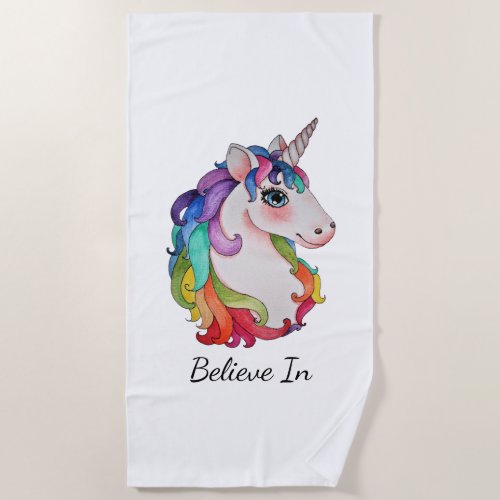 Watercolor Unicorn With Rainbow Hair Beach Towel