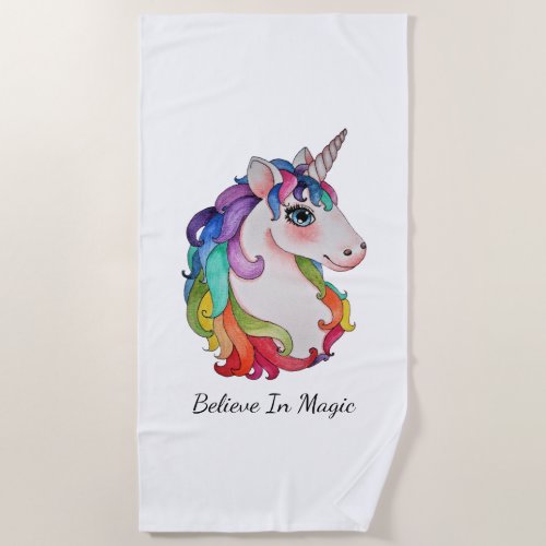 Watercolor Unicorn With Rainbow Hair Beach Towel
