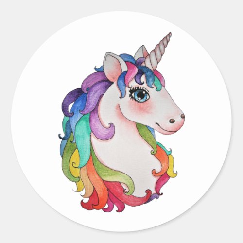 Watercolor Unicorn With Rainbow Hair Classic Round Sticker