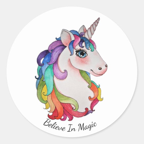 Watercolor Unicorn With Rainbow Hair Classic Round Sticker