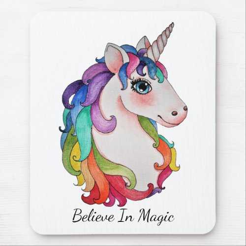 Watercolor Unicorn With Rainbow Hair Mouse Pad