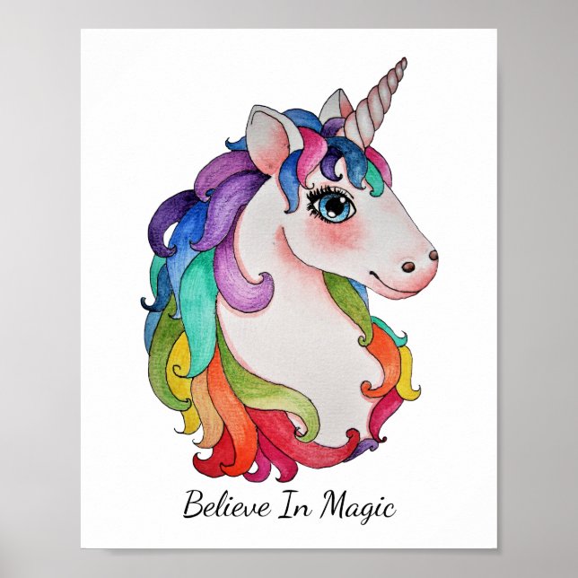 Watercolor Unicorn With Rainbow Hair Poster (Front)