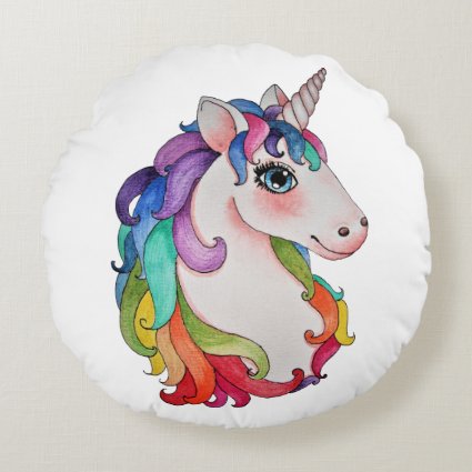 Watercolor Unicorn With Rainbow Hair Round Pillow