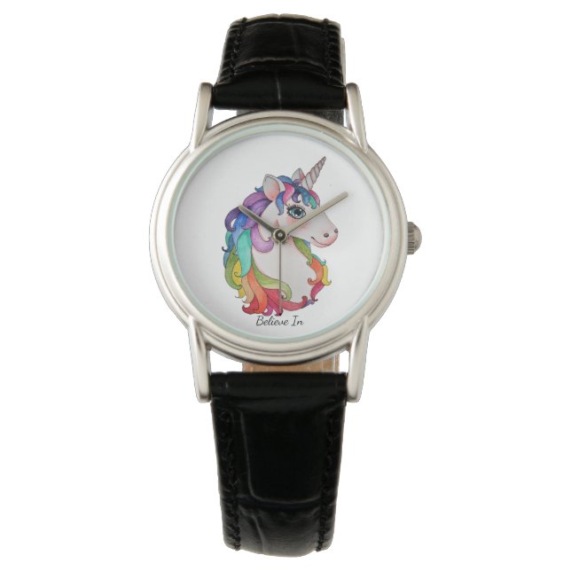 Watercolor Unicorn With Rainbow Hair Watch (Front)