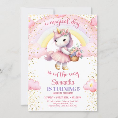 Watercolor unicorn with tutu dress and flowers 5th invitation