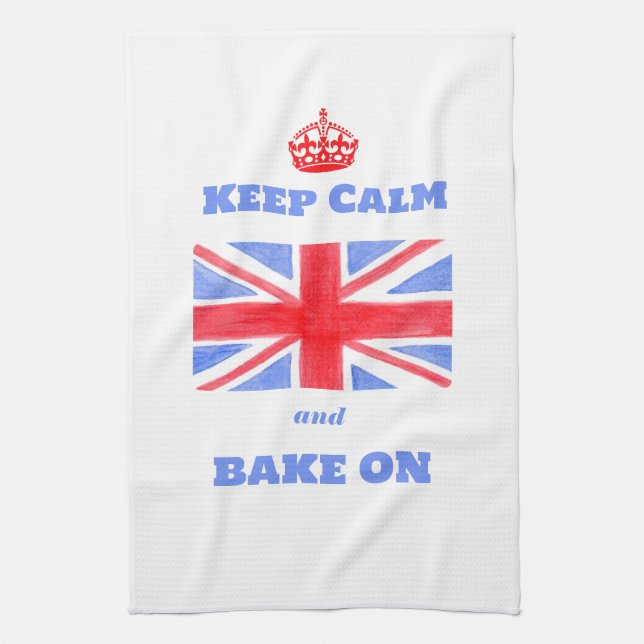 Watercolor Union Jack Keep Calm Bake On Kitchen Towel (Vertical)