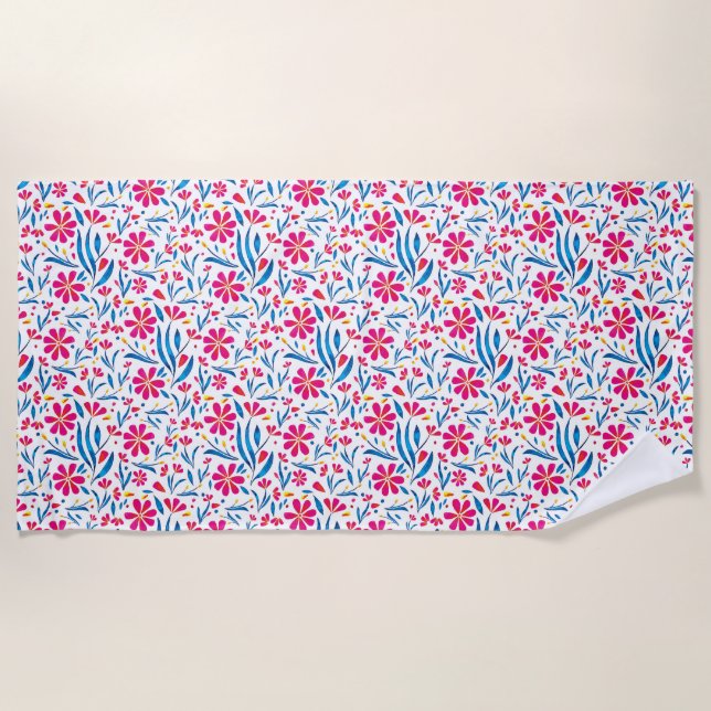 Watercolor Uplifting Floral Pattern Beach Towel (Front)