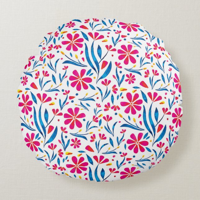Watercolor Uplifting Floral Pattern Round Pillow (Front)