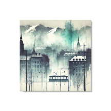 Watercolor Urban Scene with Mountains, Trees, and