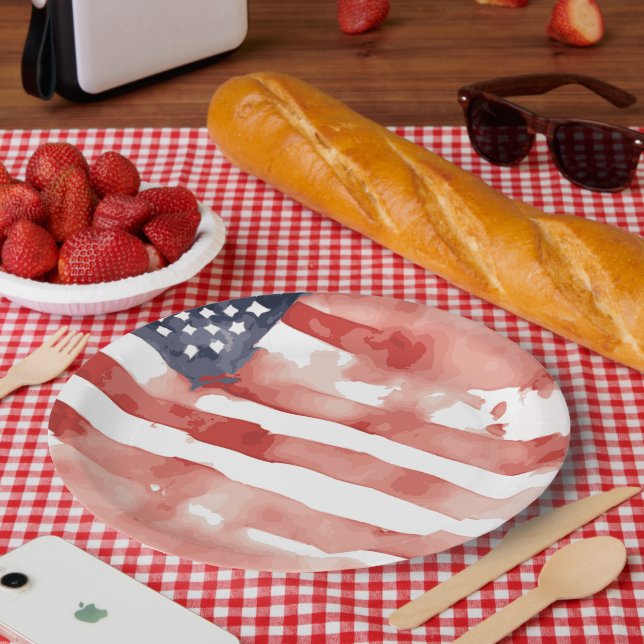 Watercolor US Flag Design Paper Plates (Picnic)