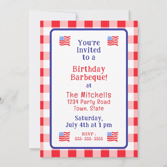 Watercolor USA Flag BIRTHDAY Red White Blue Check  Invitation (Back)