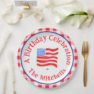 Watercolor USA Flag BIRTHDAY Red White Blue Check  Paper Plates