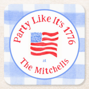 Watercolor USA Flag Party 1776 Red Wh Blue Check  Square Paper Coaster
