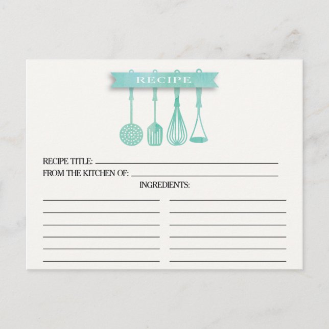 Watercolor Utensils Bridal Shower Recipe Cards (Front)