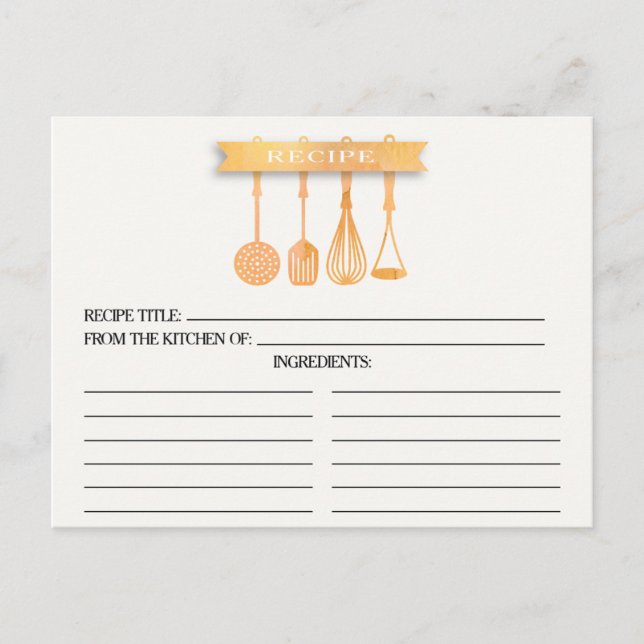 Watercolor Utensils Bridal Shower Recipe Cards (Front)