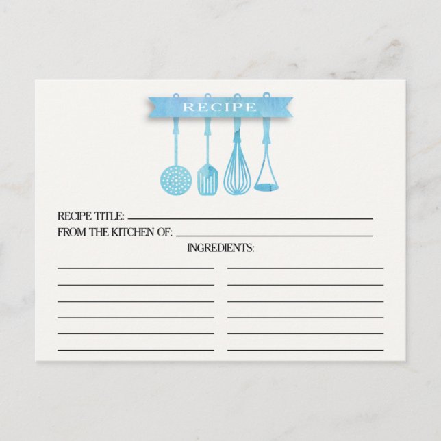 Watercolor Utensils Bridal Shower Recipe Cards (Front)