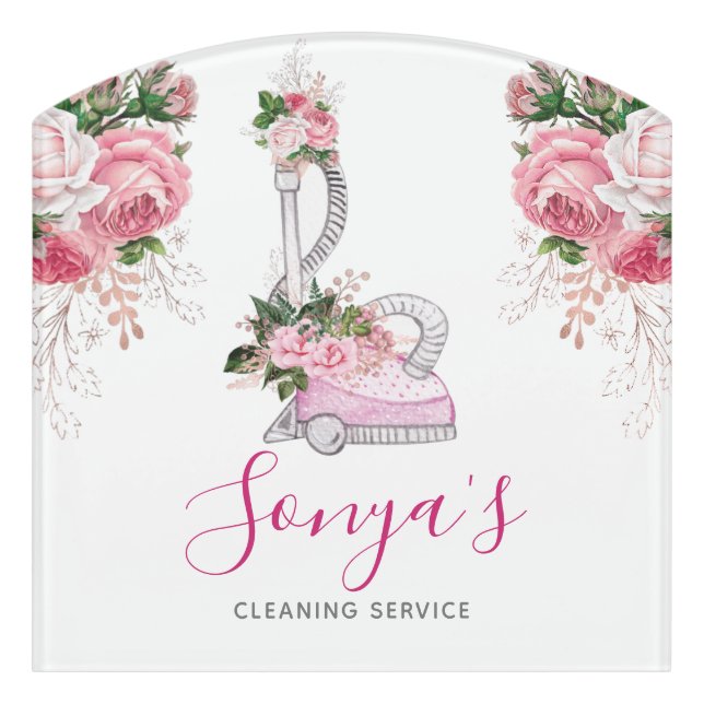 Watercolor vacuum cleaner Cleaning Service Pink Door Sign (Contour Front)