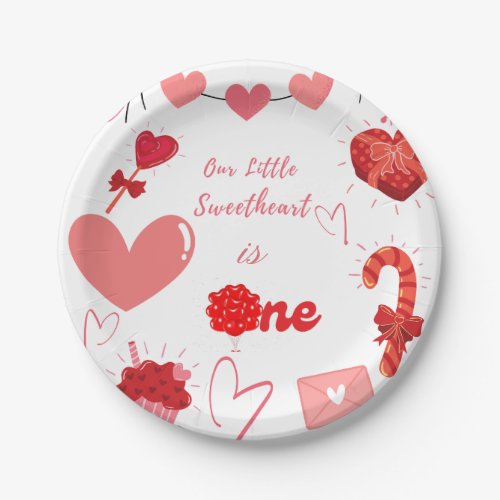 Watercolor Valentine heart First Birthday Party  Paper Plates