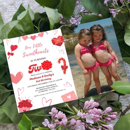 Watercolor Valentine heart Twin Girls 2nd Birthday Invitation