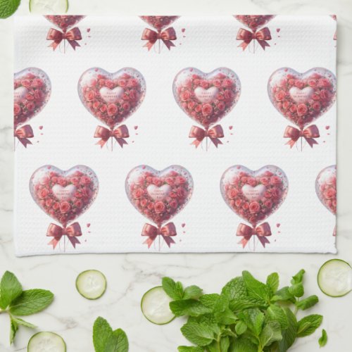 Watercolor valentine hearts with red roses kitchen towel