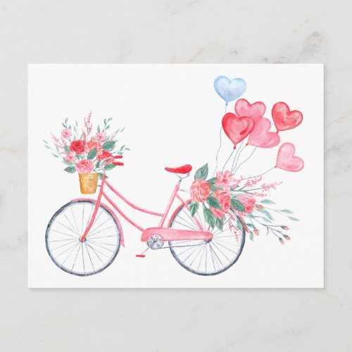 Watercolor valentine Pink bike and Heart Balloons Holiday Postcard