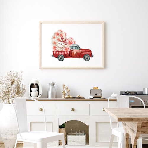 Watercolor Valentine Red Truck and Roses Poster