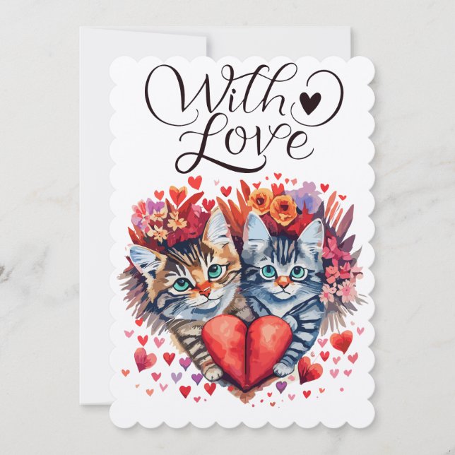 Watercolor Valentines cats with love Holiday Card (Front)