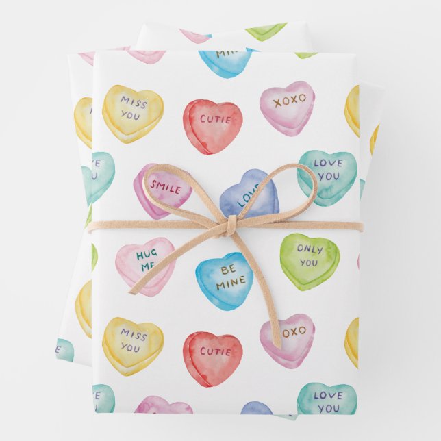 Watercolor Valentine's Day Conversation Hearts Wrapping Paper Sheets (In situ)