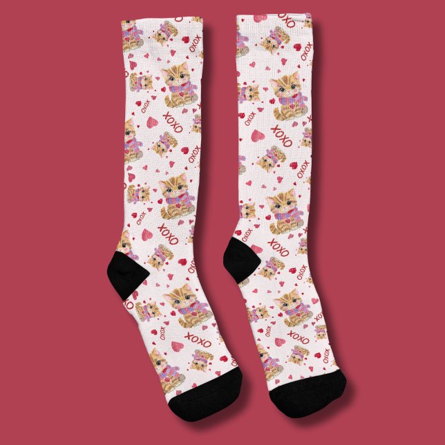 Watercolor Valentine's Day Kitty XOXO Pattern Socks (Creator Uploaded)