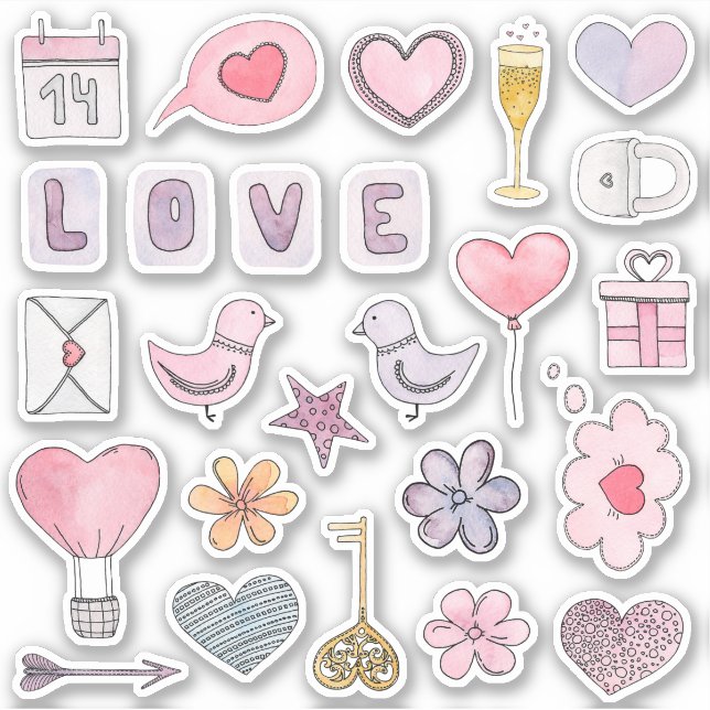 Watercolor valentines day. Love, pink hearts Sticker (Front)