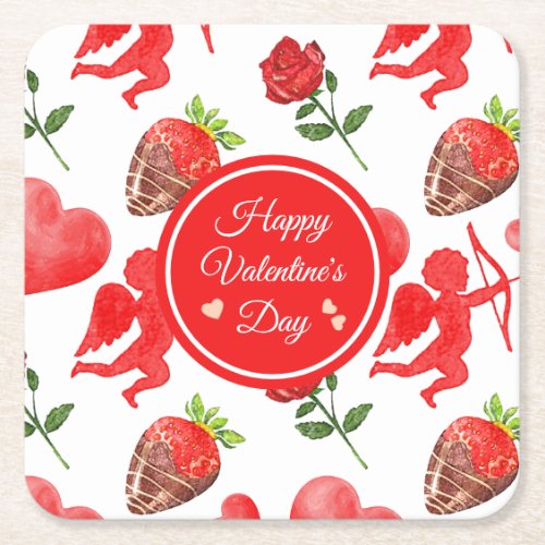 Watercolor Valentines Day Pattern Square Paper Coaster