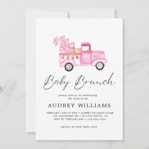 Watercolor Valentines  Pink Car Baby Brunch Invit Invitation