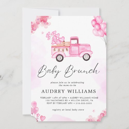 Watercolor Valentines  Pink Car Baby Brunch Invitation