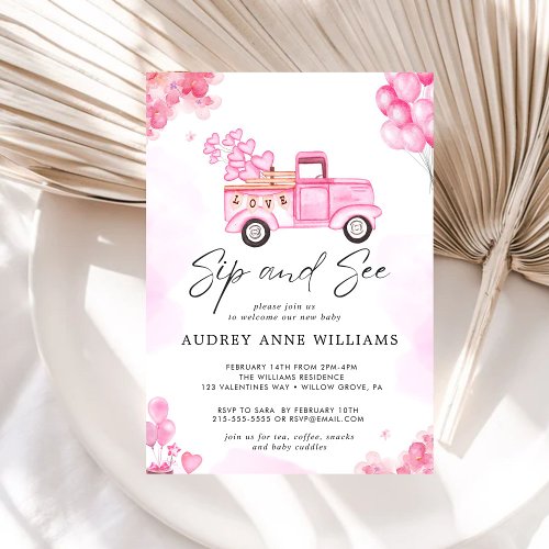 Watercolor Valentines  Pink Car Baby Sip and See Invitation