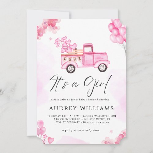 Watercolor Valentines Pink Car Script Baby Shower  Invitation