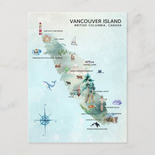 Watercolor Vancouver Island Map Art Postcard