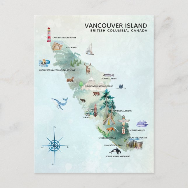 Watercolor Vancouver Island Map Art Postcard (Front)