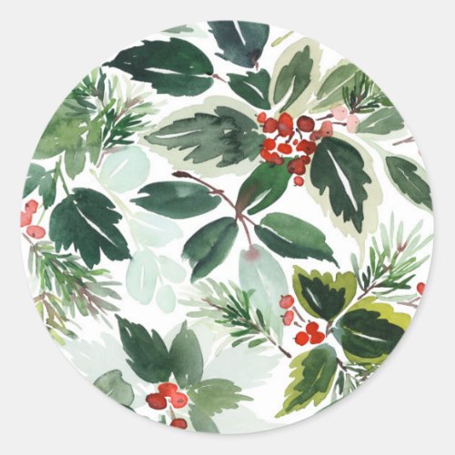Watercolor Variegated Holly Pattern Christmas Classic Round Sticker