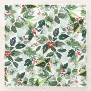 Watercolor Variegated Holly Pattern Christmas Glass Coaster