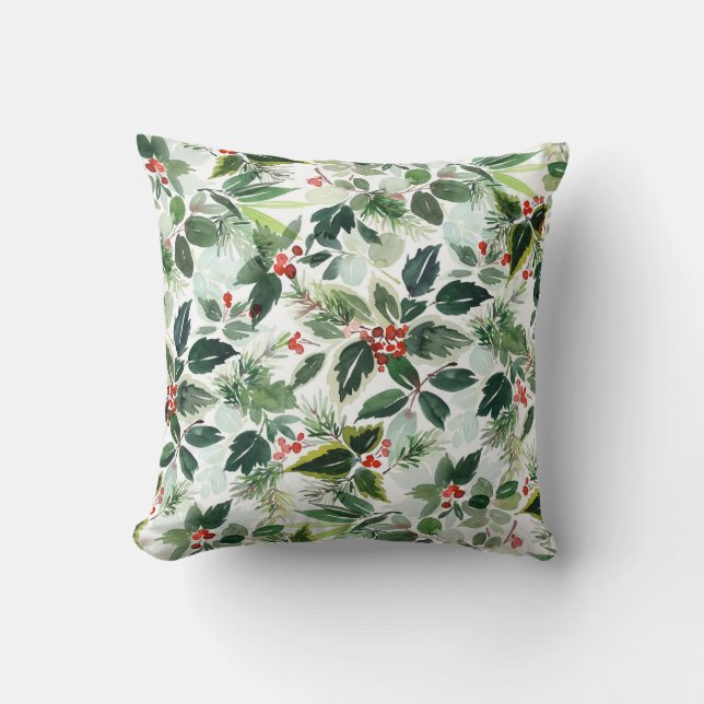 Watercolor Variegated Winterberries Christmas Throw Pillow (Front)