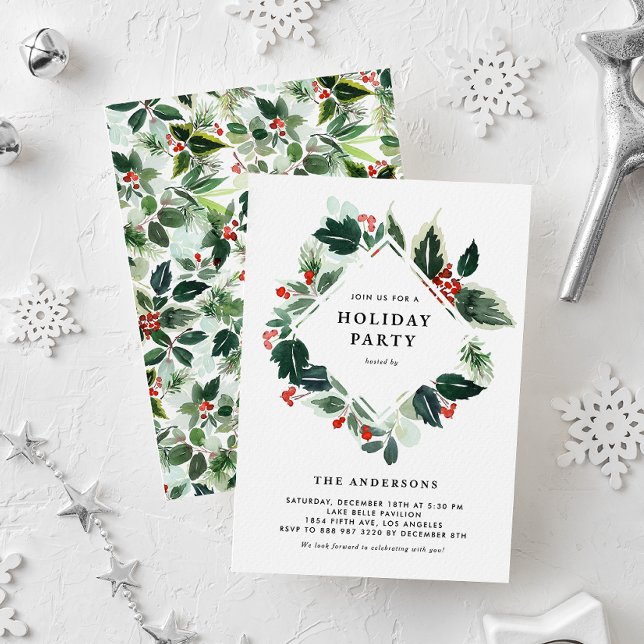 Watercolor Variegated Winterberry Holiday Party Invitation (Creator Uploaded)