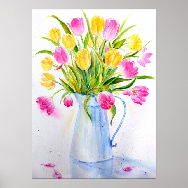 Watercolor Vase of Tulips Poster (Front)