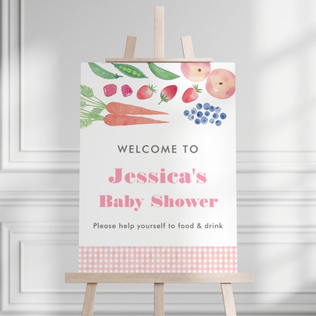 Watercolor Vegetable Garden Baby Shower Welcome Foam Board (Farmers Market Baby Shower For Girl Welcome Sign featuring watercolor fruit and vegetable images)