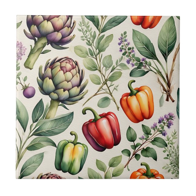 Watercolor Vegetable Garden Pattern Ceramic Tile (Front)