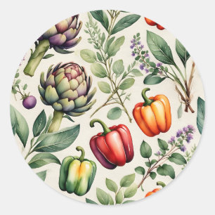 Watercolor Vegetable Garden Pattern Classic Round Sticker